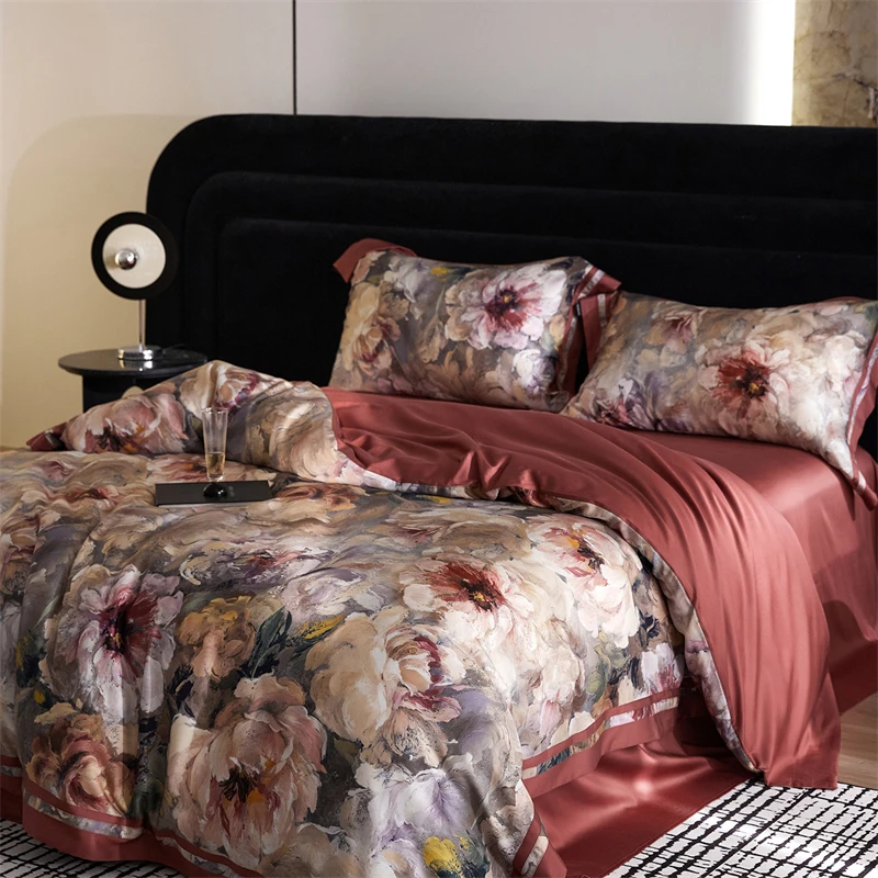 1000TC Lyocell Cotton Flowers Digital Printing Wide Edge Soft Silky Bedding Set Duvet Cover Flat/Fitted Bed Sheet Pillowcases
