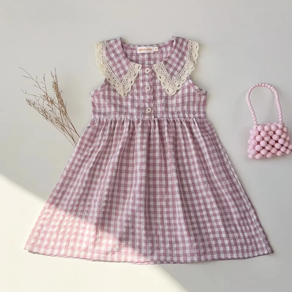 2025 Summer New Purple Girls Dress Lace Collar Sleeveless Princess Dresses Fashion Checkered Printed Children's Clothing