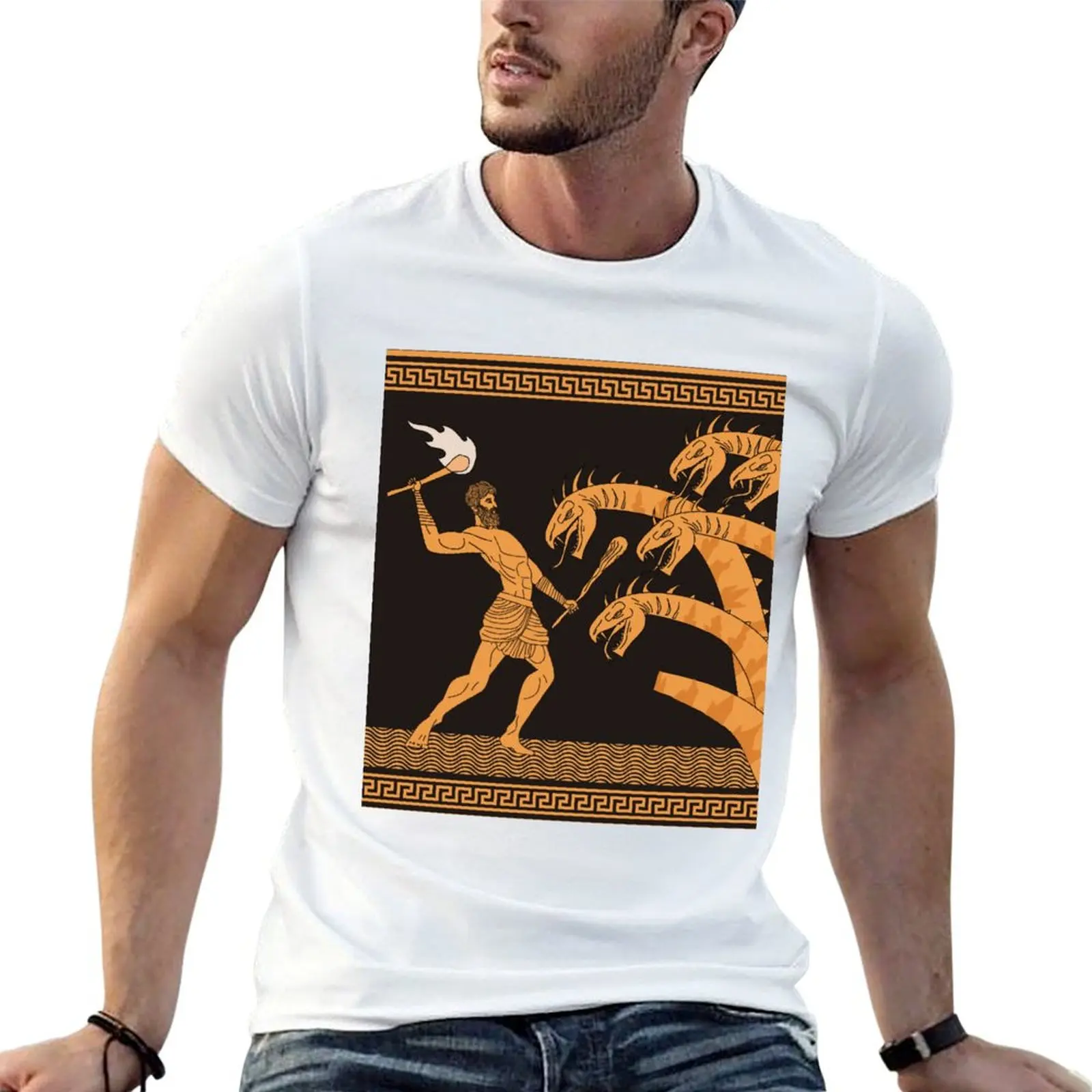 

black and orange ceramic with hercules fighting the hydra T-Shirt t shirts for man cotton essential t shirt T-Shirt