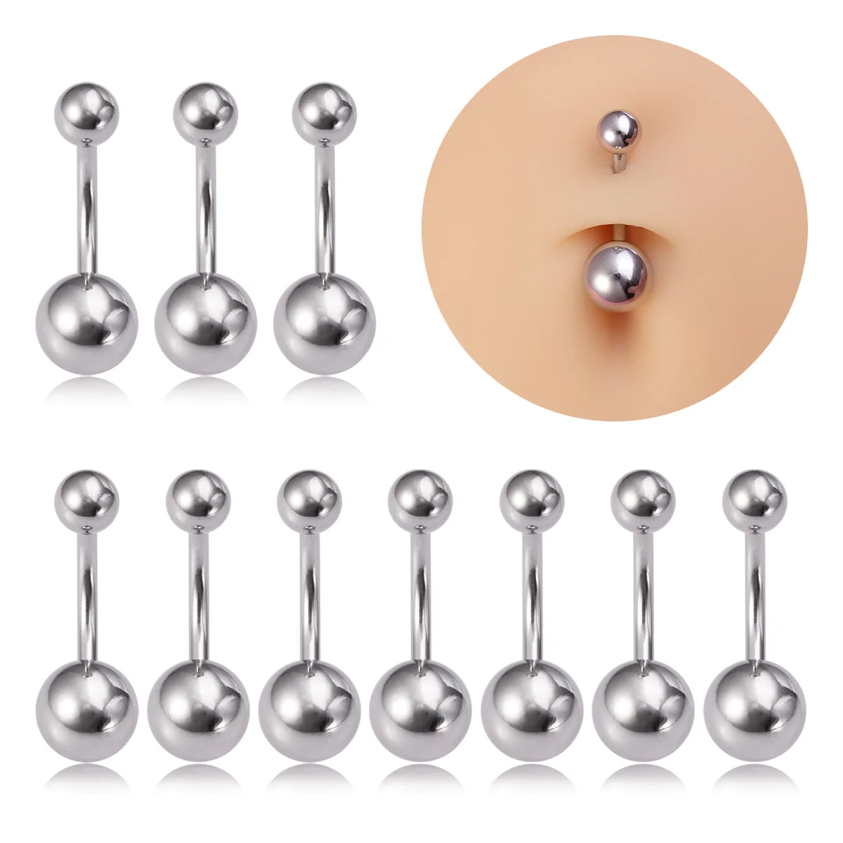 10pcs Stainless Steel Ball Belly Button Rings Navel Piercing Stud Belly Bar for Women Men Nombril Ombligo Sexy Body Jewelry 14G