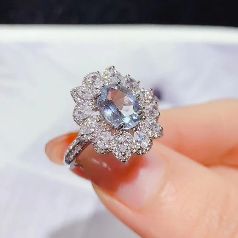 Luxury 925 silver ring natural aquamarine ring for party 6mm*8mm 1ct genuine aquamarine silver jewelry