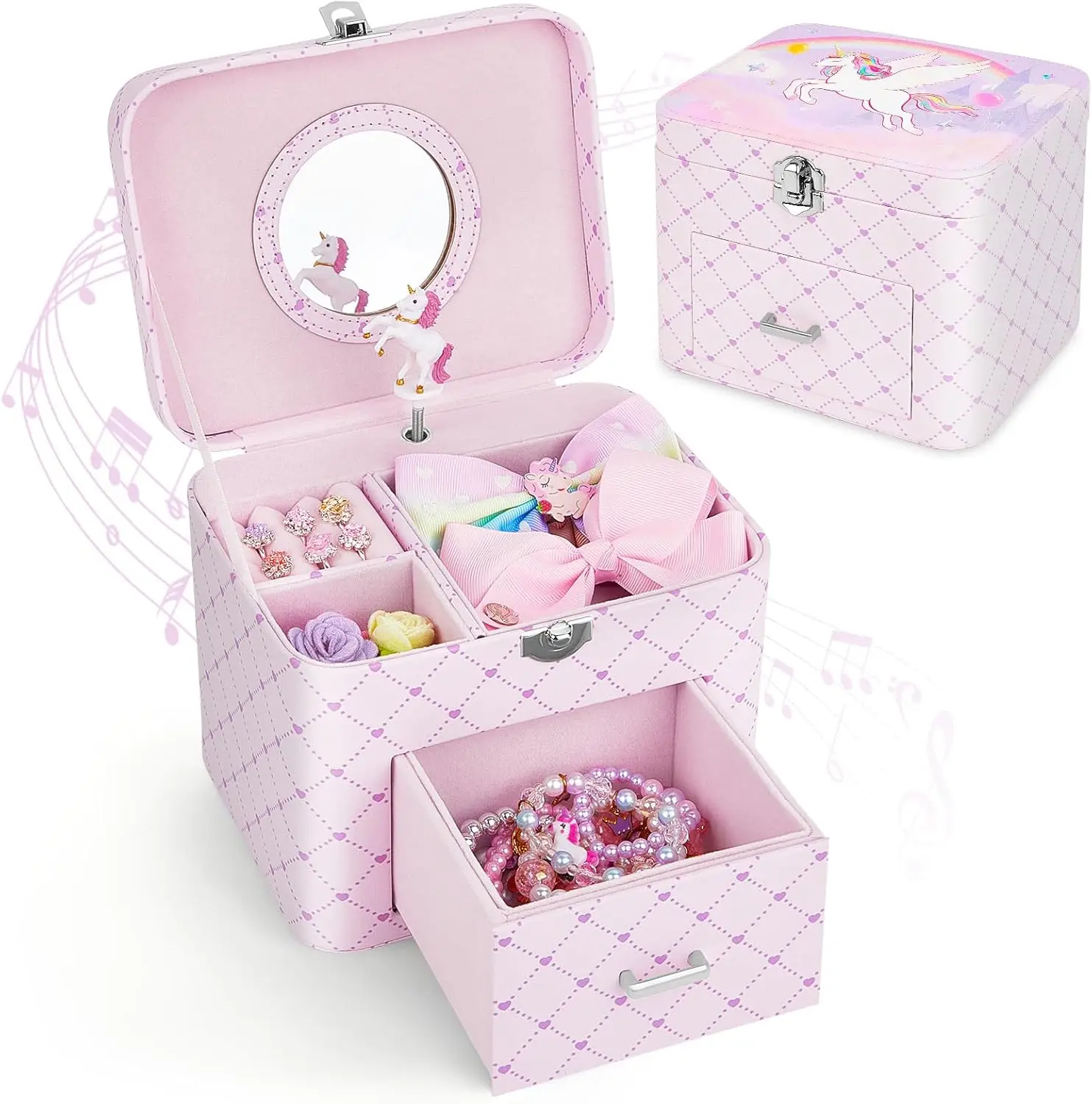 

Musical Jewelry Box for Girls PU Leather Music Box with Drawer Large Kids Jewelry Organizer with Unicorn/Ballerina Jewel