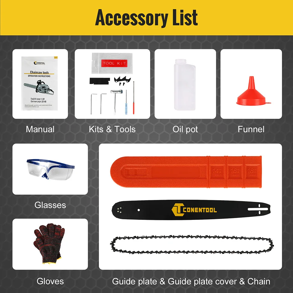CONENTOOL 58CC Oil Chainsaw 18 Inch Woods Cutting Machine Power Tools Cordless 2-Stroke Petrol Engine 550ml Garden Logging Tools