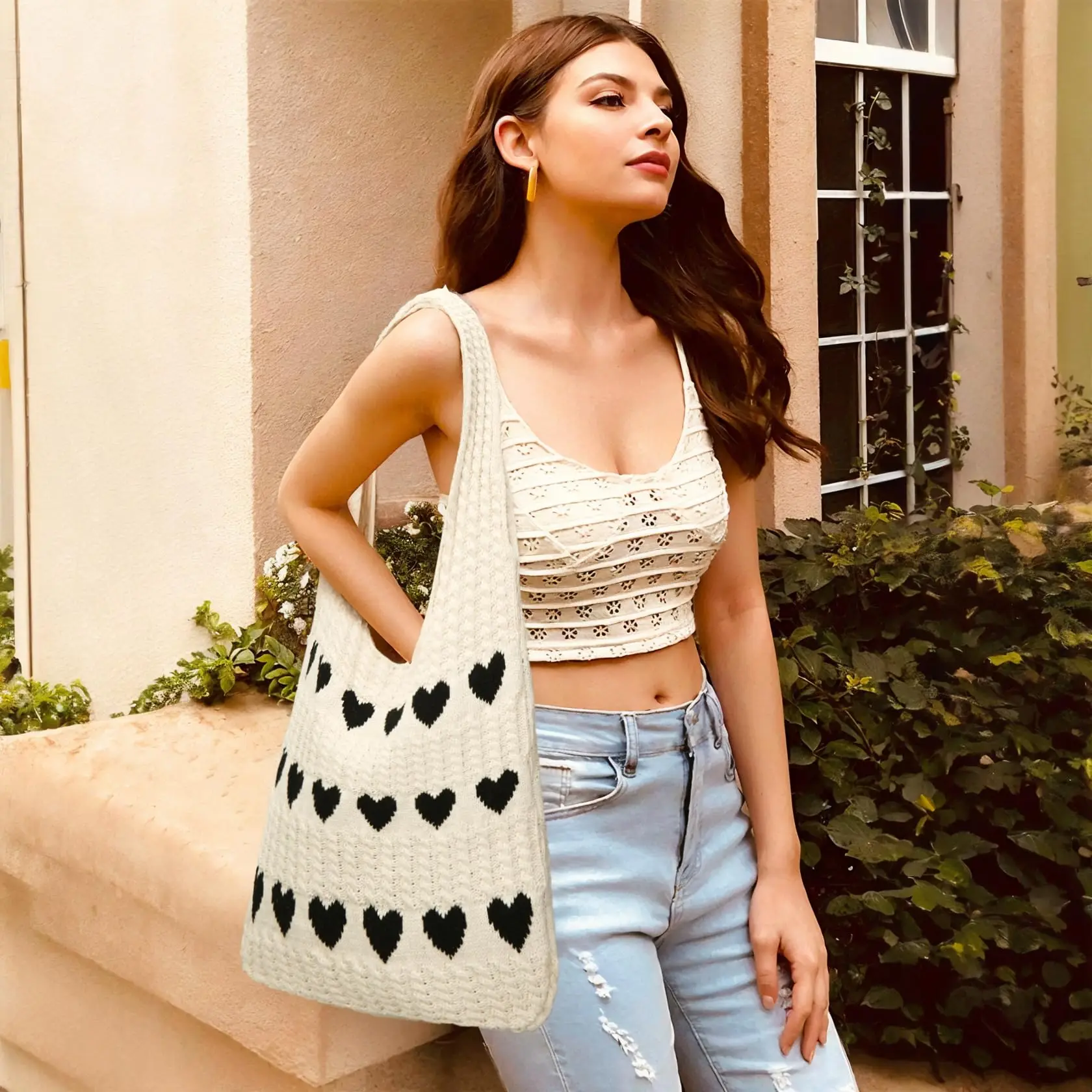 Gestrickte Schulter-Tragetasche Große Häkel-Strandtasche Hobo-Tasche Ästhetische Tragetaschen für Frauen – Detail 18