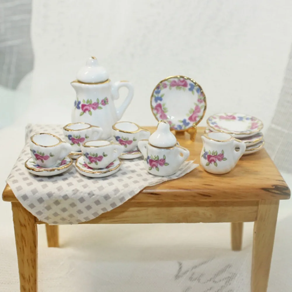 Ceramic Dollhouse Miniature Tea Set Tableware Kettle Doll House Cup Model Set Tray Flower Miniature Porcelain Tea Cup Set