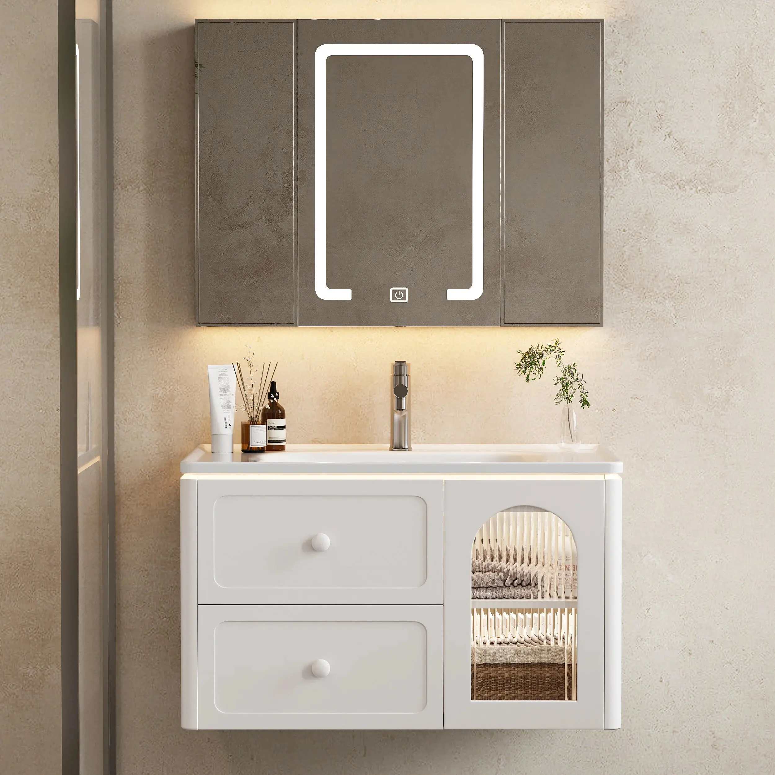 

Современная минималистичная одинарная раковина, плавающий туалетный столик для ванной комнаты, настенный, с дверцами из матового стекла и стильным открытым отделением