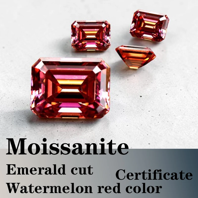 Emerald Cut Moissanite Stone VVS1 Watermelon red Color Certificate DIY Jewelry Artificial Gemstone
