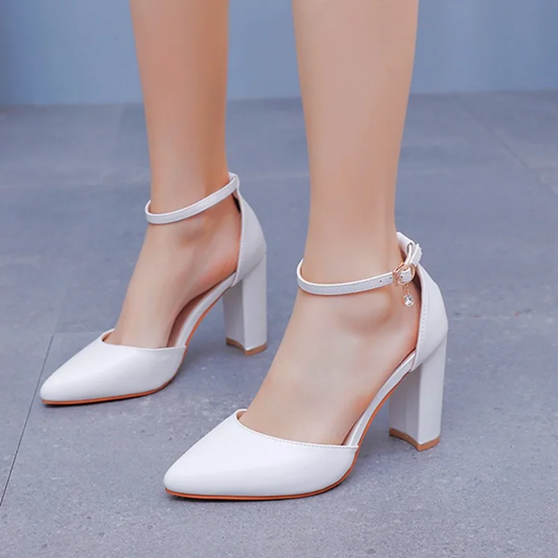 

2026 Hot Sale New Women 4cm，7CM，10cm Thick High Heels Sexy Pumps White Wedding Bride Shoes Pointed Toe Buckle Strap Sandals