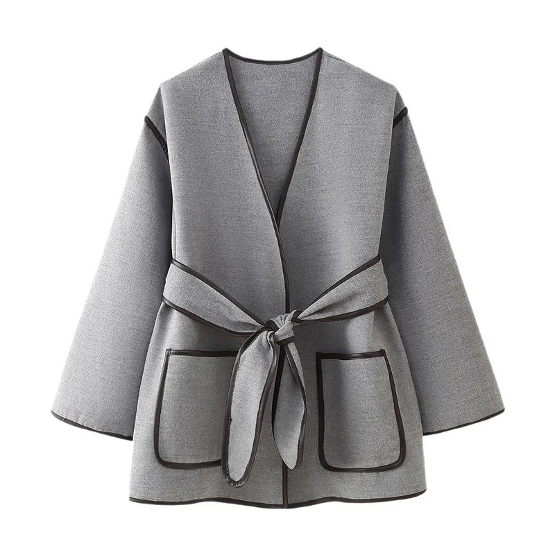 

JY Retro grey women's jacket with belt, casual loose V-neck cardigan jacket, new fashionable windproof solid color jacket