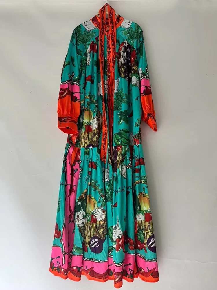 Vestido Retro con estampado de paisaje de frutas y verduras, vestido camisero con lazo en la cintura, falda acampanada plisada holgada, otoño 2025