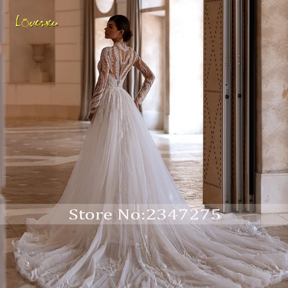 Loverxu sereia vestidos de casamento alta pescoço manga longa vestido de novia renda bordado trem destacável feito sob encomenda vestido de noiva