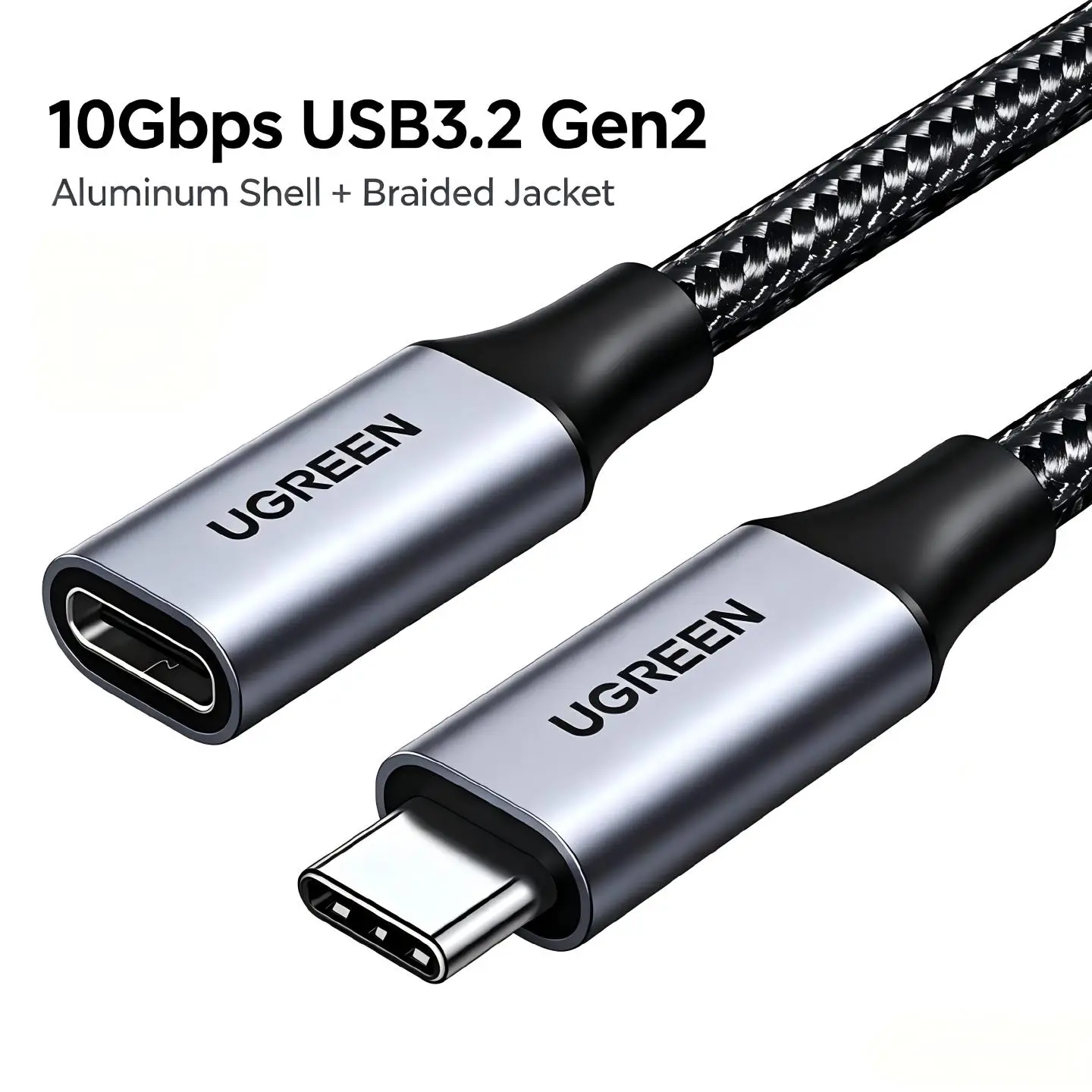 UGREEN USB3.2 Gen2 Type C naar Type C verlengkabel, 10 Gbps datatransmissie, PD100W snelladen, 5A, 4K@60Hz, geschikt voor telefoon, laptop, monitor en harde schijf.