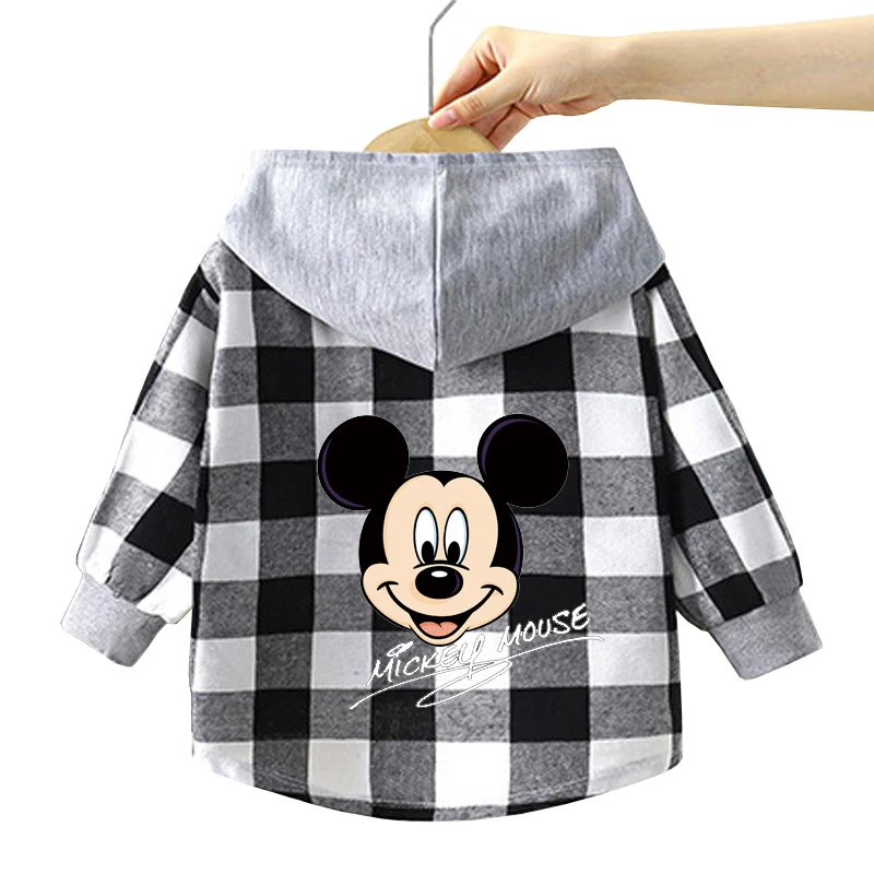 Children's Hooded Shirts Baby Boys Mickey Mouse Plaid Shirts Coat for Spring Autumn Girls Cartoon Jacket Bottoming Clothing