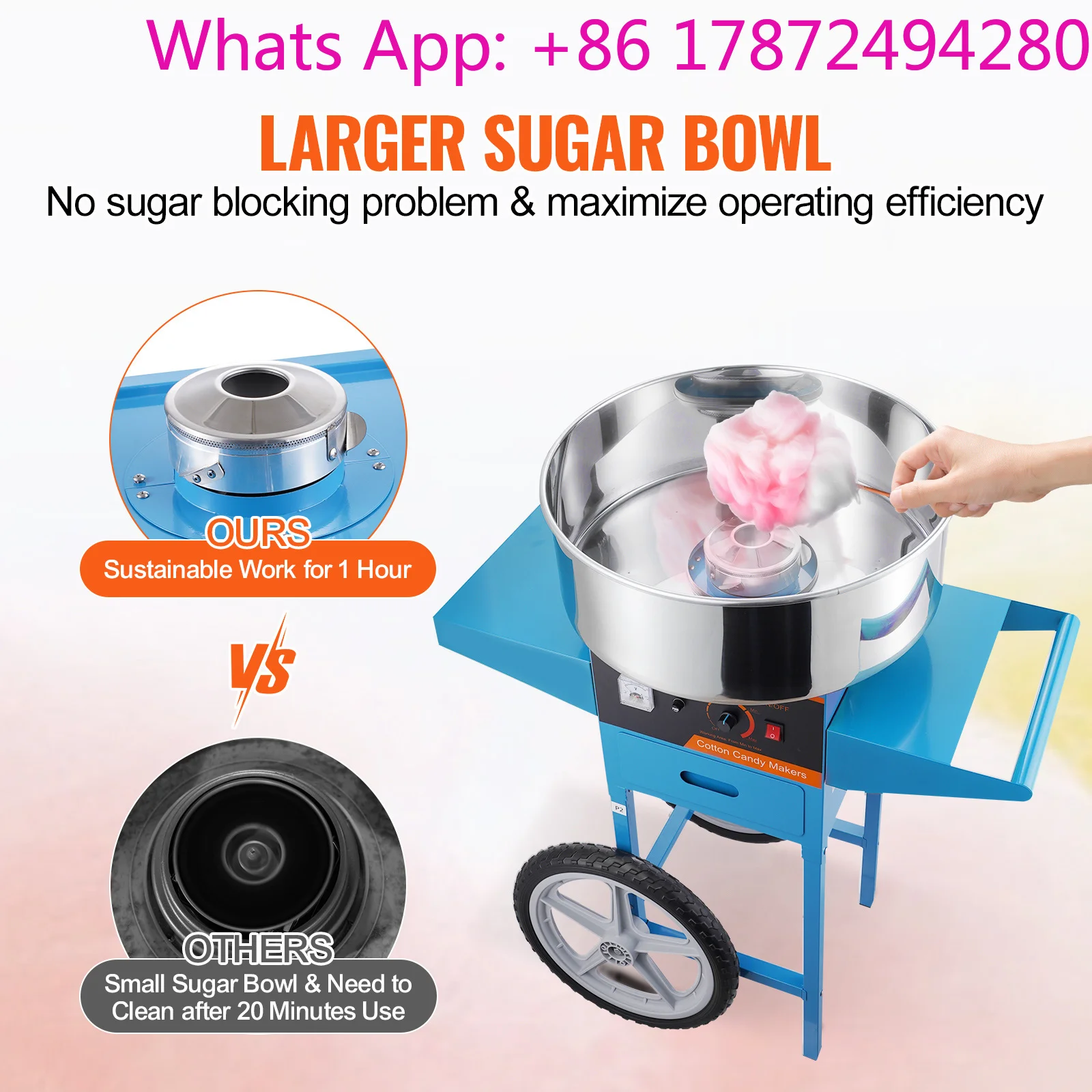 Electric Cotton Candy Machine with Cart Commercial Candy Floss Maker with Stainless Steel Bowl Sugar Scoop and Drawer