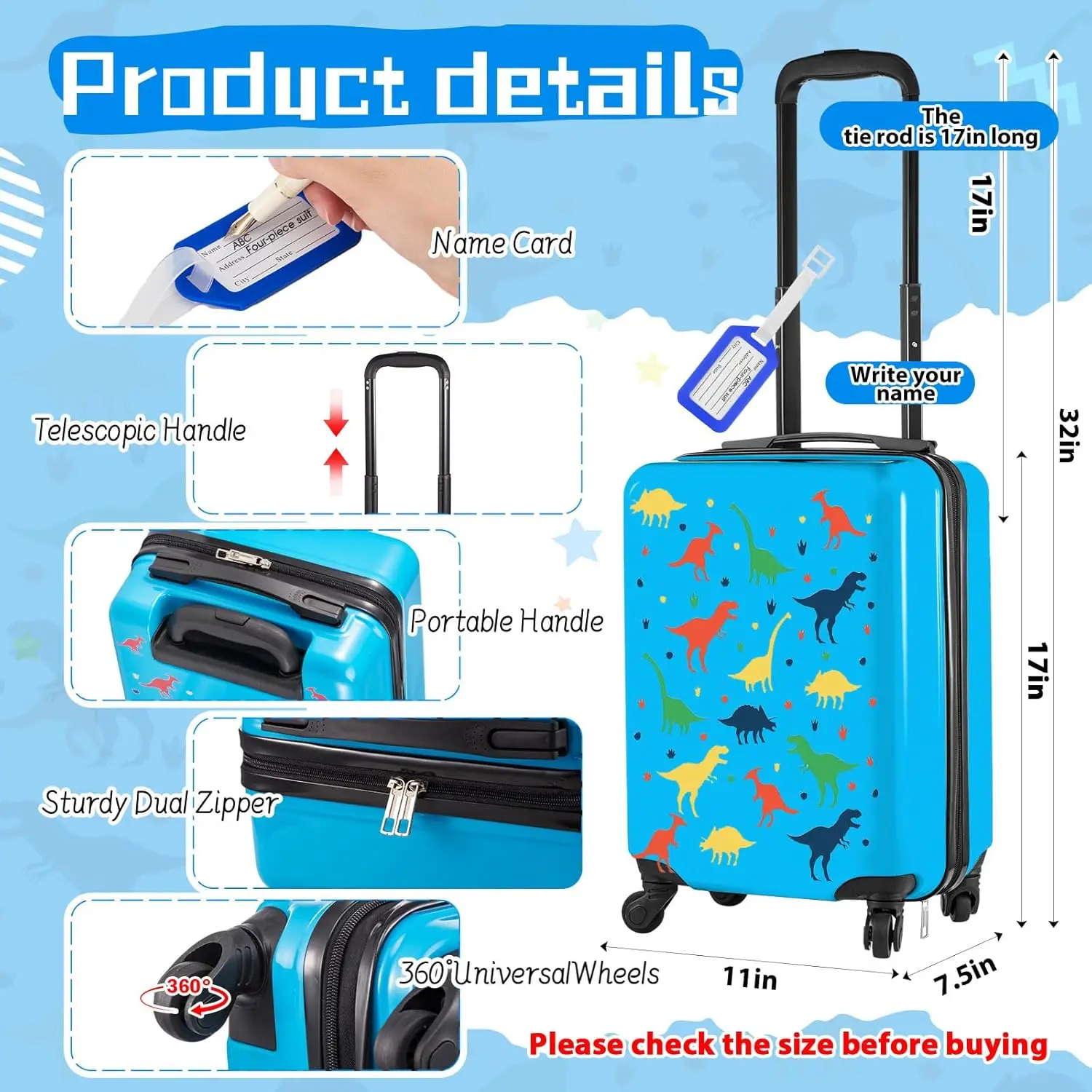 Set di valigie per bambini da 6 pezzi con 17 valigie con ruote, doppio motivo, ideale per regali scolastici o da viaggio, dinosauro blu scuro De