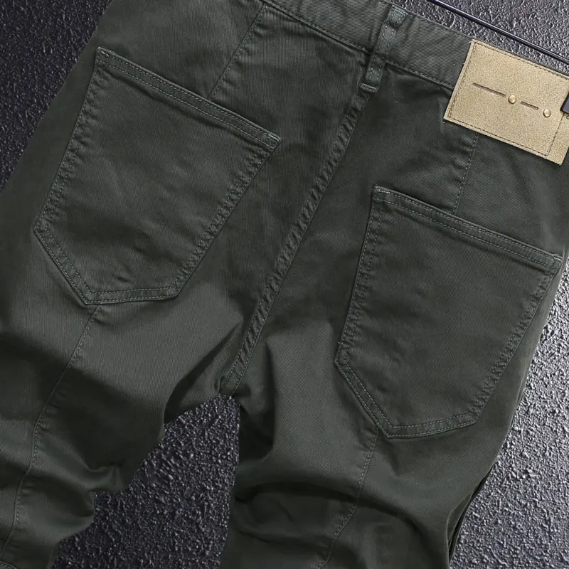 Nowe modne męskie jeansy w kolorze ciemnozielonym, elastyczne, dopasowane, z wieloma kieszeniami, codzienne spodnie cargo męskie, styl Y2K, vintage, hip-hop.