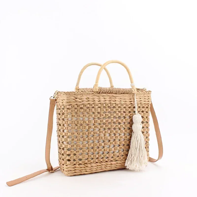 SVB1 Fashion Hollow Wooden Handle Straw Shoulder Bags Wicker Woven Rattan Women Handbags Summer Beach Large