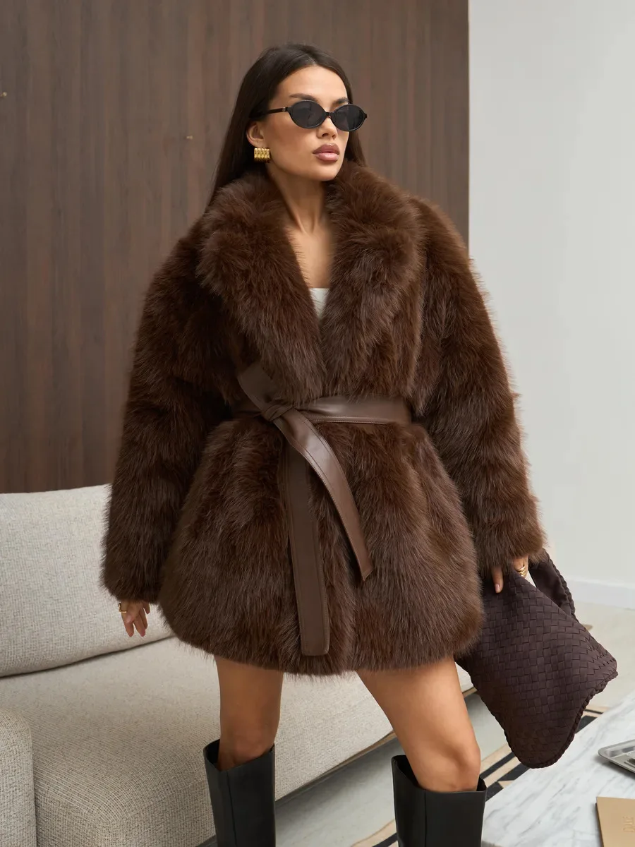 HDHOHR 2026 Winter Elegant Luxury Chic Thick Warm Soft Faux Fox Fur Coat Women With Belt High Quality Fur Jacket Oversized