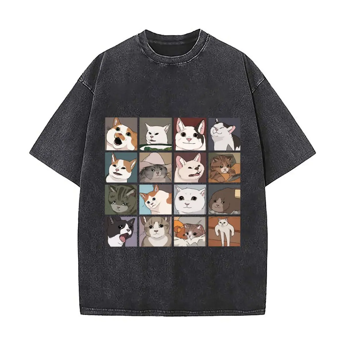 Funny Cartoon Cats Collage Cute Expressive Feline Faces Vintage Distressed Loose Streetwear Tops for Campus Days