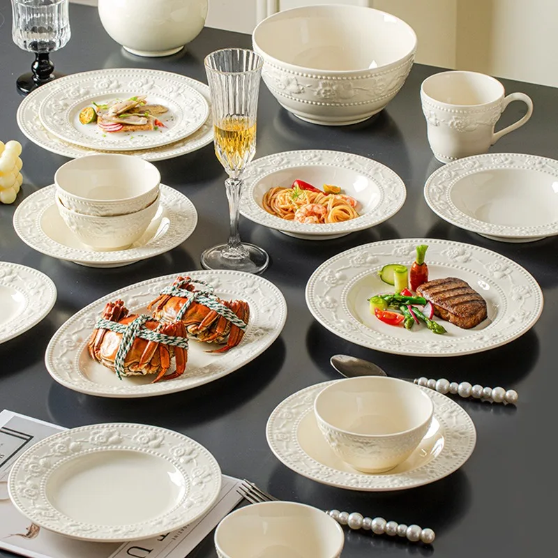 

Посуда и посуда, набор посуды, рельефные тарелки, керамические миски для риса, тарелки для овощей, элитный смысл, подарки на новоселье.