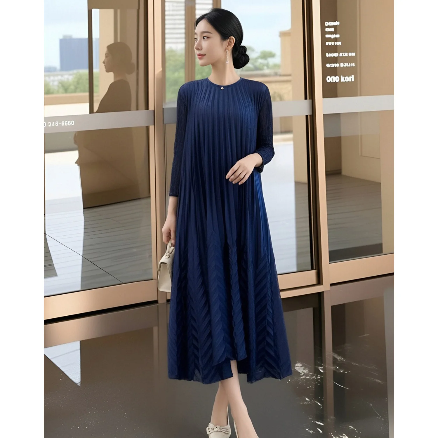 

Miyake Pleated Dress Women's 2026 New Solid Color High-end Fashion O-neck 3/4 Sleeves Loose and Elegant Pleated Skirt