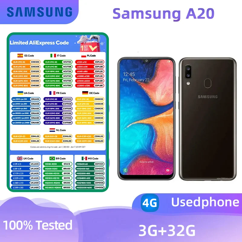 Samsung Galaxy A20 4g Smartphone Exynos 7884 ROM 32GB 6.4-inches Screen 13MP Camera Android Original Used Phone