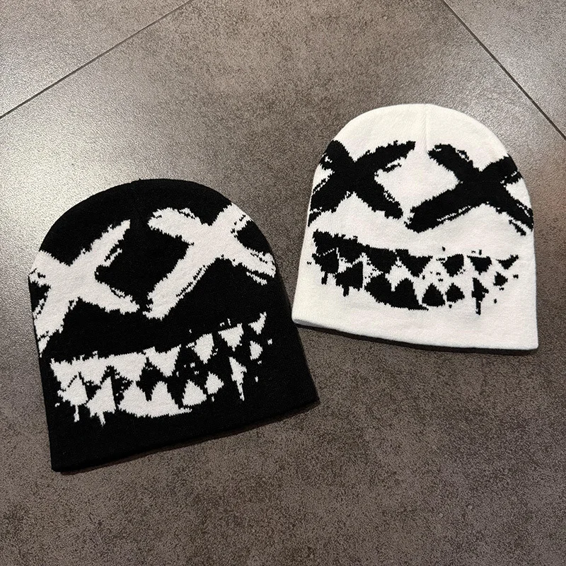 Unisex Gothic XX Face Knit Beanie Hat Grinning Mouth Pattern Hip Hop Streetwear Slouchy Warm Winter Skull Cap for Men Women