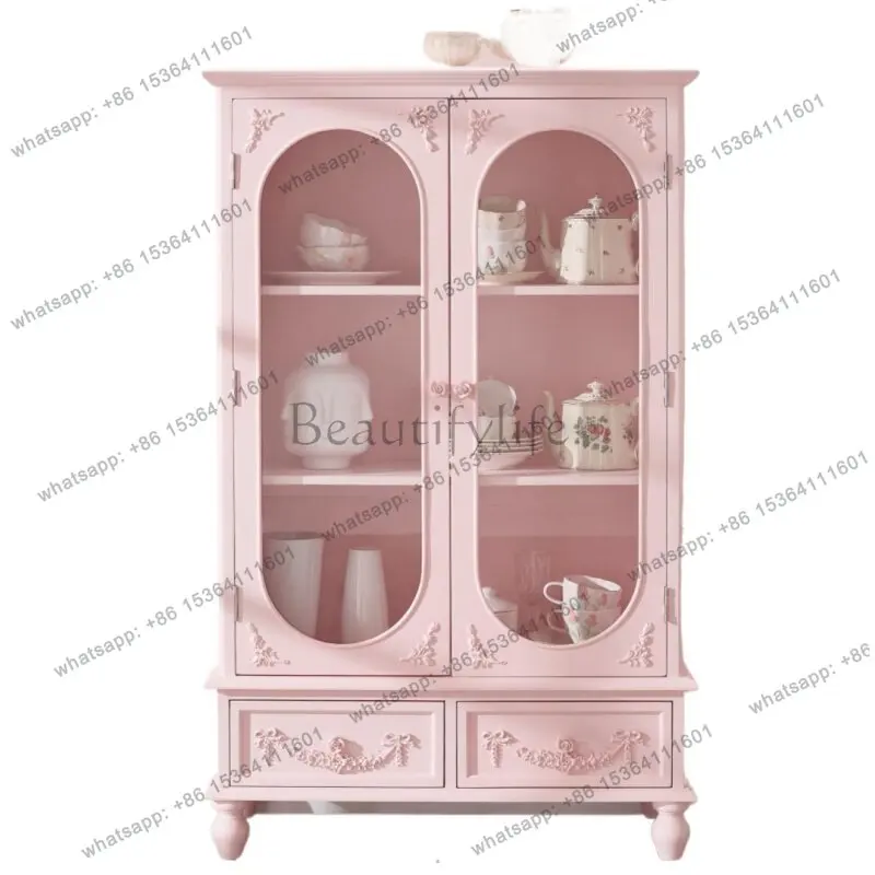 French solid wood dining side cabinet against the wall to enter the entrance dopamine color display small wardrobe