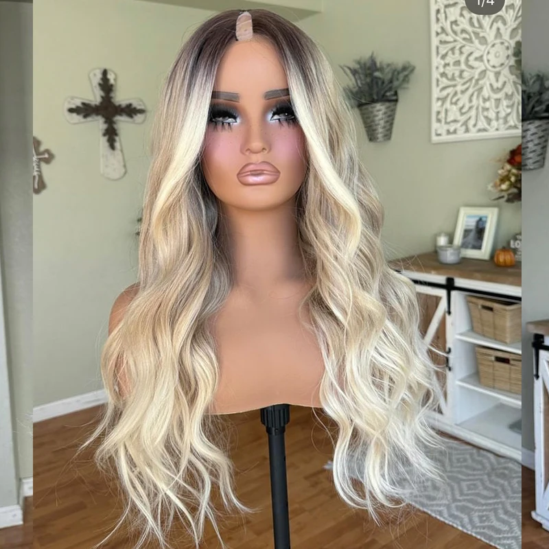 Super 100% Human Hair Machine Made 1X4 U Part Wigs for Women ASH Blonde Ombre Highlight 1X4 V part Remy Peruvian Human Hair Wigs