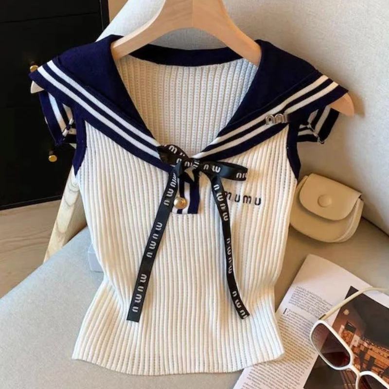Verão carta bordado tricô regata roupas femininas estilo preppy laço retalhos gola de marinheiro sem mangas pullovers topos