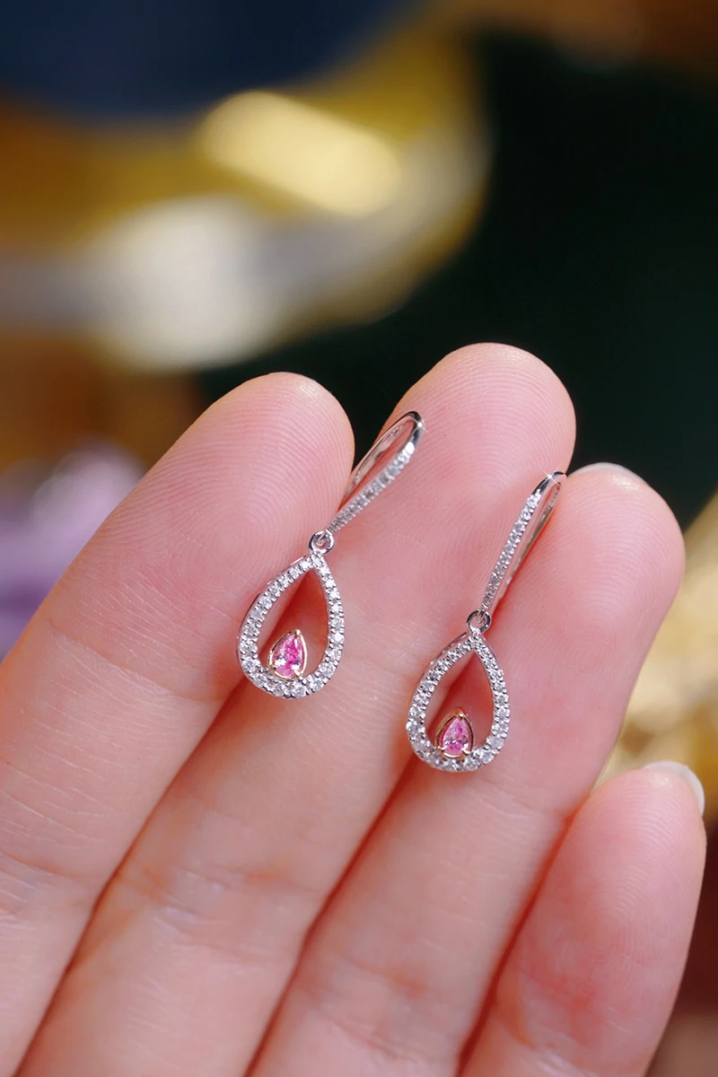 KUGG 100% 18K White Gold Earrings Elegant Gentle Style Real Natural Pink Diamond Drop Earrings for Women High Party Jewelry