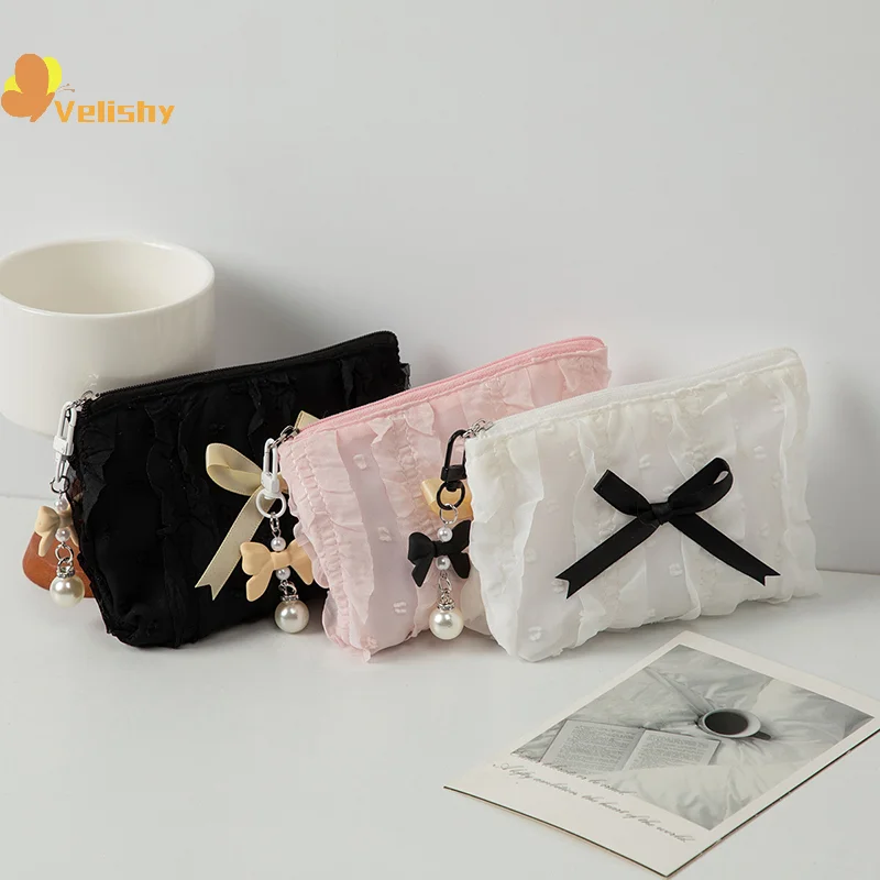 Cute Women Makeup Mini Bag Korean Lace Bow Portable Coin Purse Small Pouch Handbag Kawaii Female Cosmetic Storage Zipper Bag