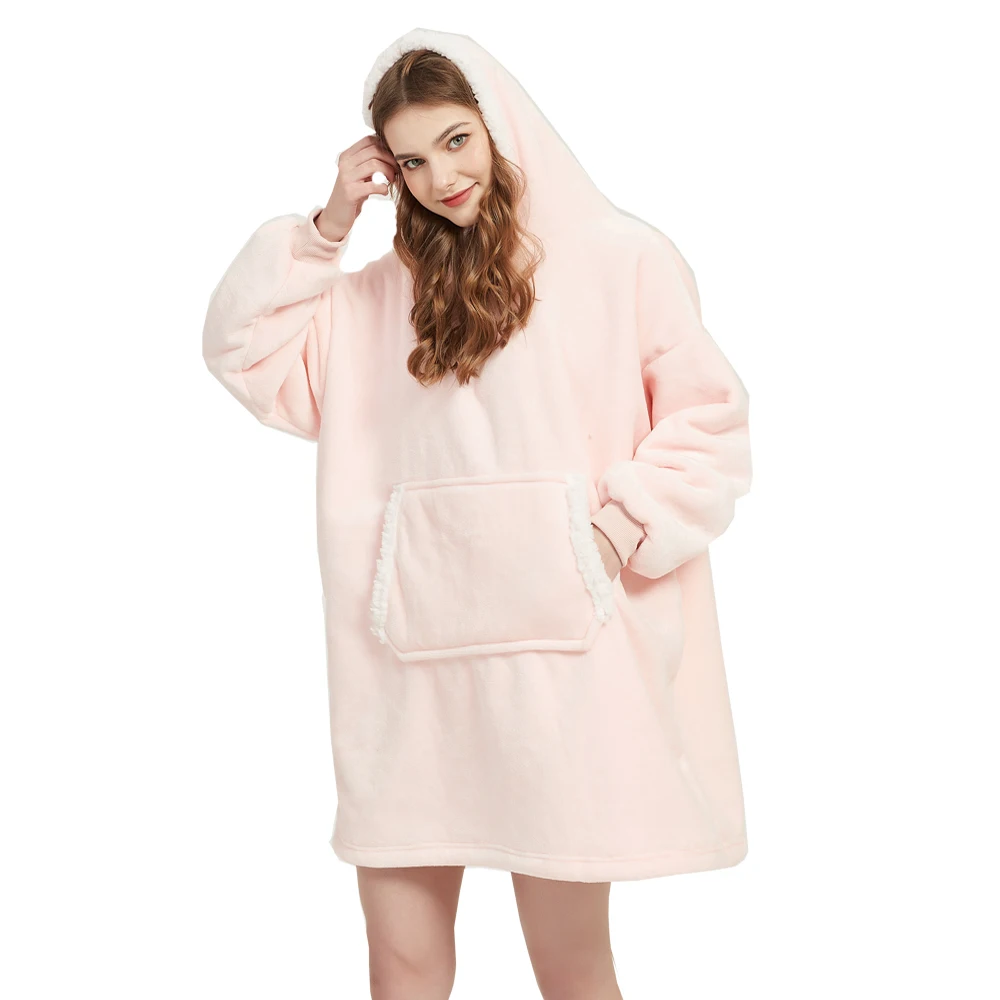 Couverture en peluche en microcarence Smile Sherpa avec manches pour adultes, super douce, chaude, poche extérieure, sweat à capuche, couvertures TV à capuche, hiver