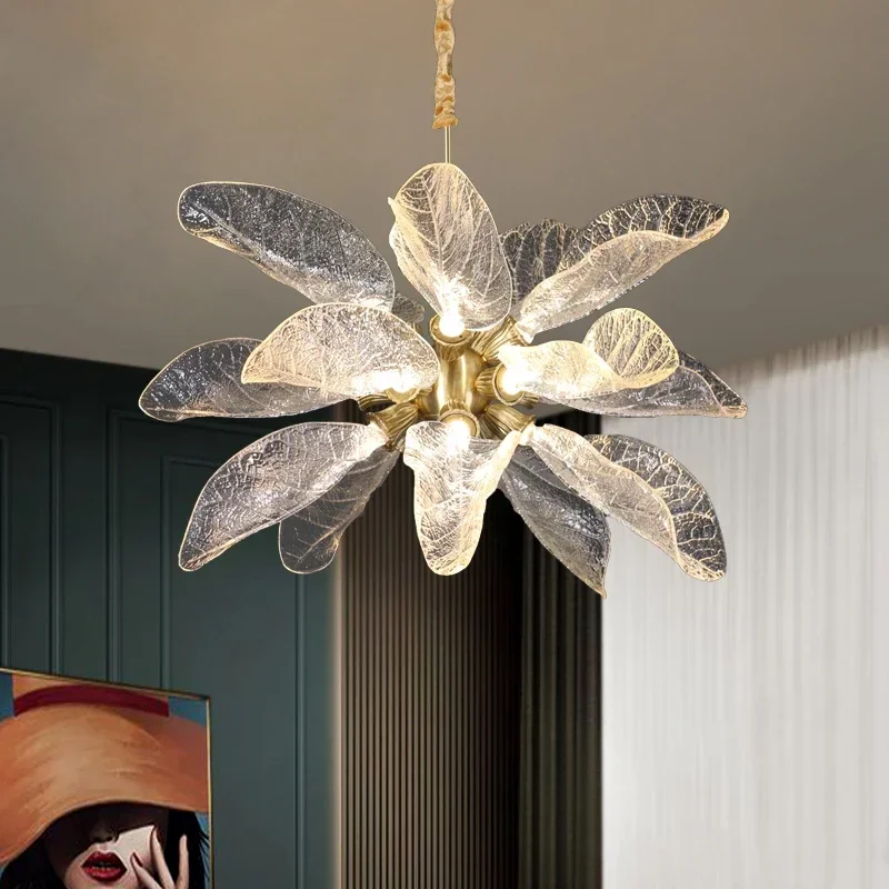 used for living room luxury home decoration hanging lamp large black lamp，Creative leaf design modern led chandelier