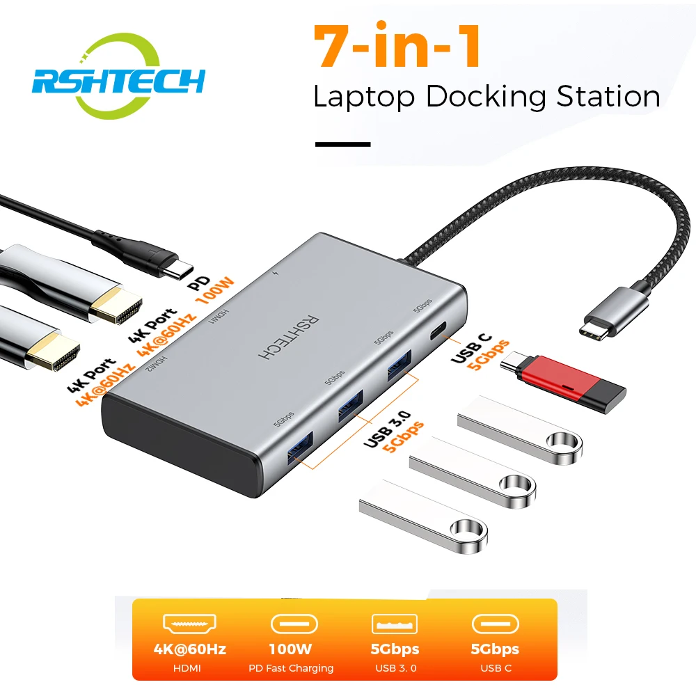 

Многопортовый адаптер RSHTECH 7-в-1 USB C-концентратор, передача данных 5 Гбит/с с док-станциями 4K@60 Гц и PD USBC 100 Вт для ноутбуков
