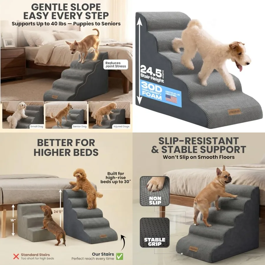 

Dog Stairs for High Beds Up to 30", Extra-Tall 5-Step Dog Steps for Bed, 24.5" Tall Foam Pet Stairs for Small and Medium Dogs,