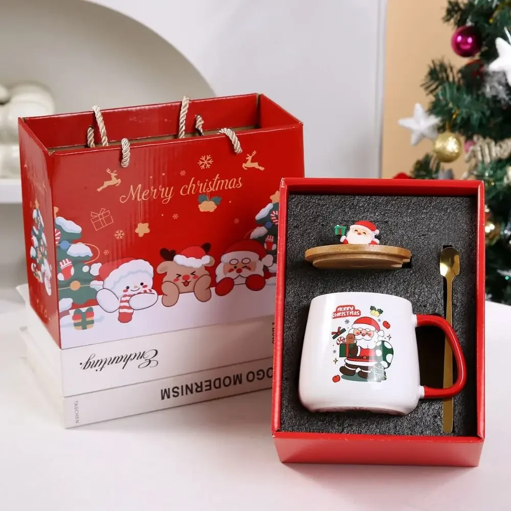 New Christmas Gifts Kit Wooden Lid 55℃ Merry Santa Claus Pattern Ceramic Mug Snowman Warm  Teaspoon for Office Home Use