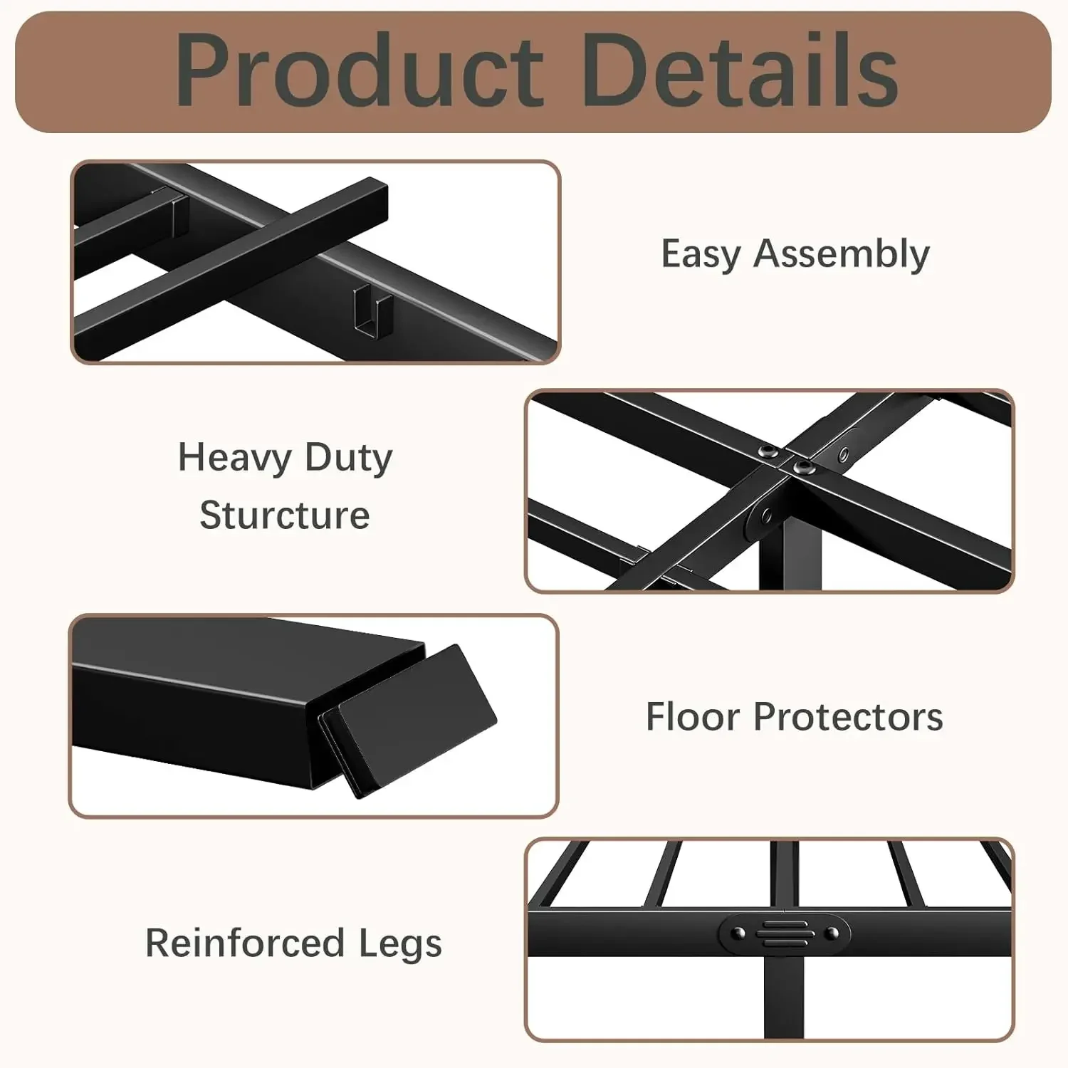Bed Frame No Box Spring Needed, Heavy Duty Tall Metal Platform with Large Storage Space, Easy Assembly Strong Beari