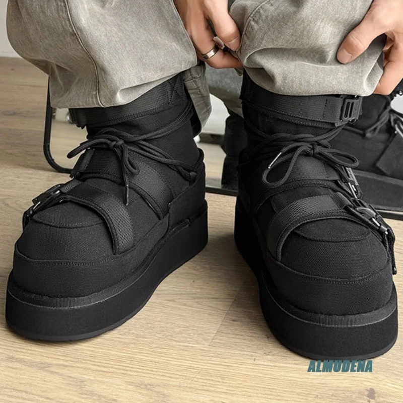 Canvas Round Toe Platform Ankle Boots Men's Lace-Up Street Style Fashion Autumn Winter Outdoor Casual Shoes with Buckle Strap