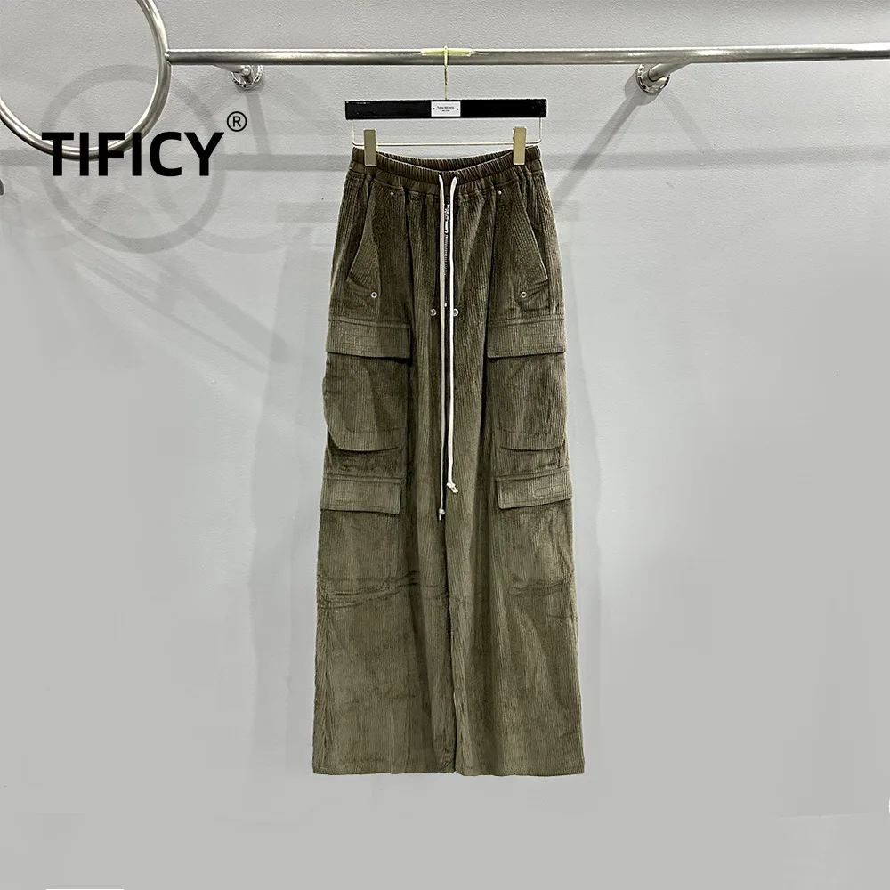 

TIFICY High Street Men's Spring/Summer High Street New Product Corduroy Green Workwear Large Pocket Casual Wide Leg Pants