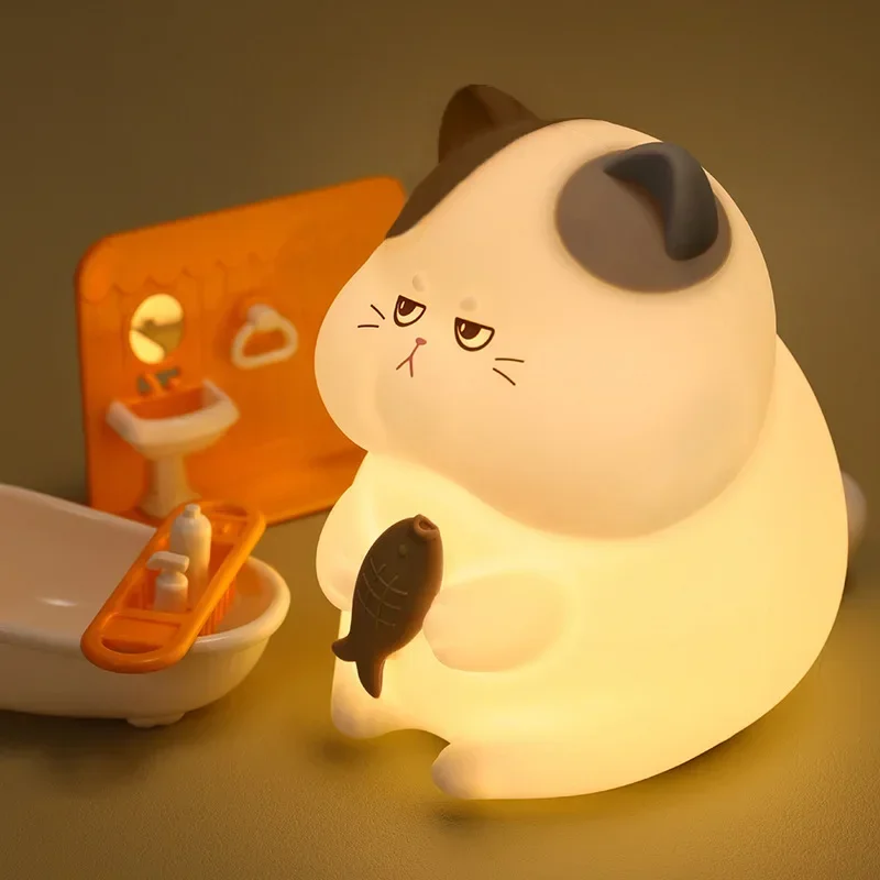 บุคลิกภาพใหม่และไม่ซ้ําใคร LED Night Light Sleeping น่ารักและโลภแมวซิลิโคนสร้างสรรค์ Pat Light Baby Night Light