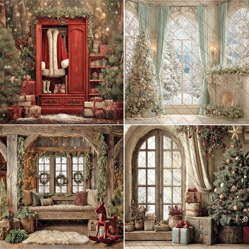 Mehofond Fotografie Hintergrund Winter Weihnachten Zimmer Kamin Weihnachtsbaum Geschenke Kinder Familie Porträt Dekor Hintergrund Foto Studio
