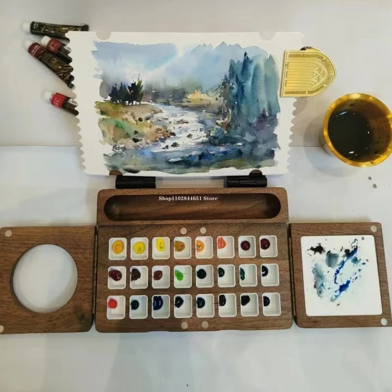 Wooden Watercolor Box Portable Folding Watercolor Palette Cases Oil Paint Box Beginners Outdoor Sketching Painting Art Tools