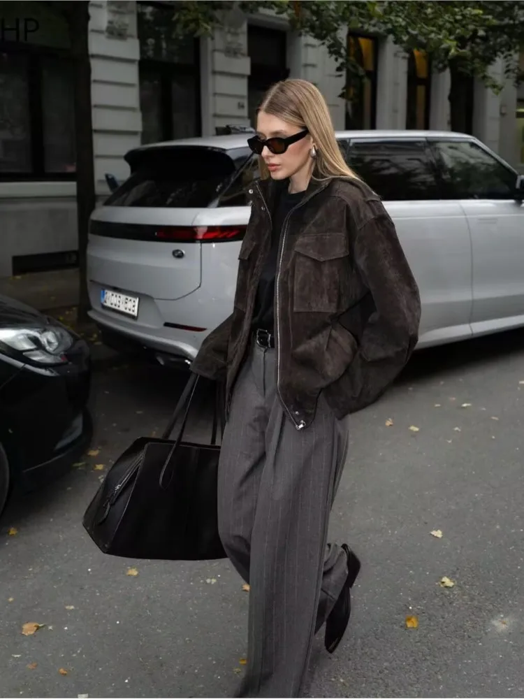 HipSeam 2025 الخريف المرأة معطف غير رسمي موضة الصلبة الكاكي سستة جيوب مطاطا هيم الجلد المدبوغ امرأة خمر اقتصاص سترة الشارع