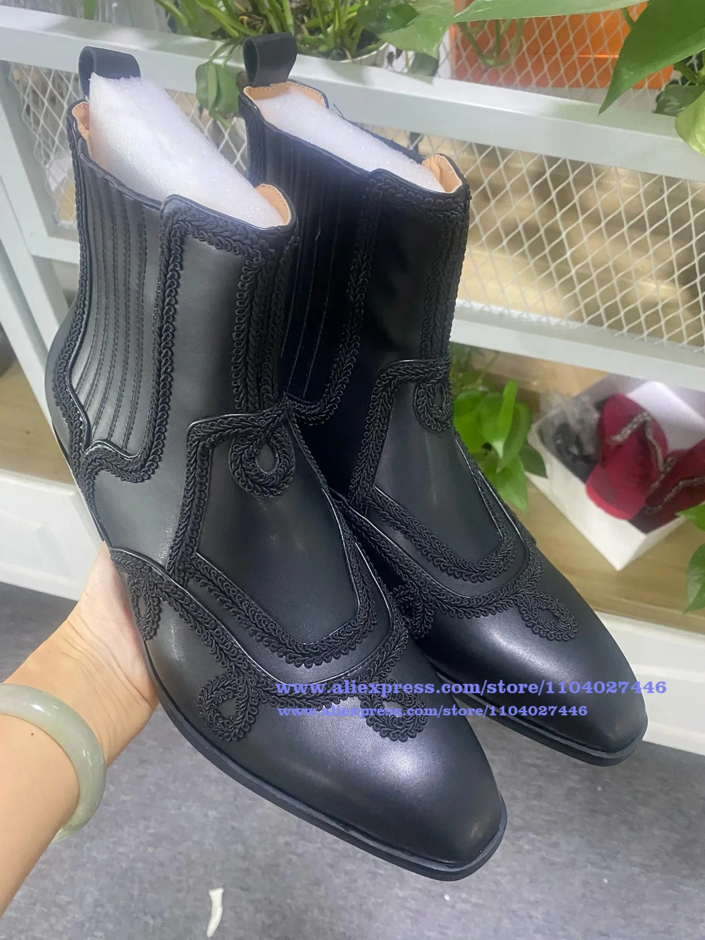 

Embroidered Lace Black Leather Boots Men Winter Booties High-Heeled High-Top Runway Newest Ankle Boots Slip On Casual Men's Shoe