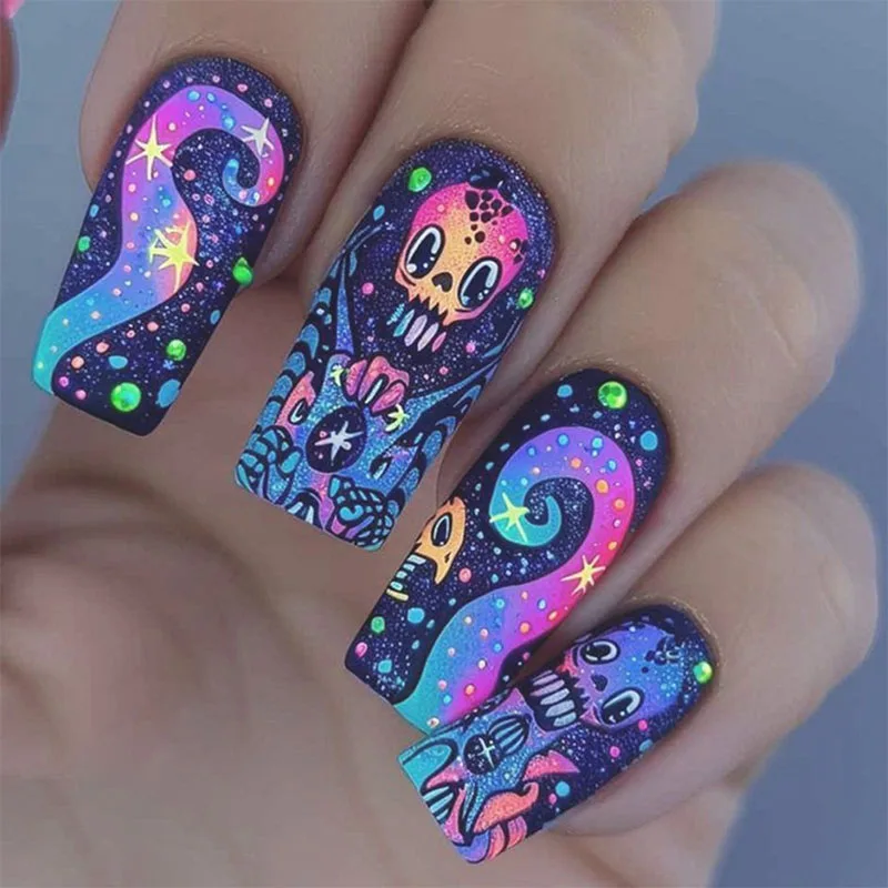 

24Pcs Long Square Press on Nails - Halloween Design with Colorful Funny Skulls, Gold Stars, Polka Dots and Octopus Tentacles