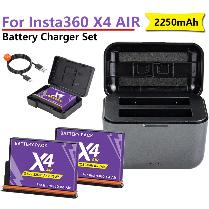 2250mAh Akku für Insta360 X4 Air Ersatzakku +2 Kartensteckplätze Ladebox mit Typ-C-Anschluss für Insta360 X4 AIR Panorama-Actionkamera-Akkus