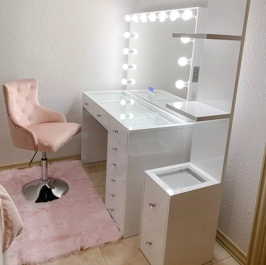 *White Modern Wood Panel Vanity Table with LED for Mirror Drawers and Charging Station for Small Bedroom & School 6
