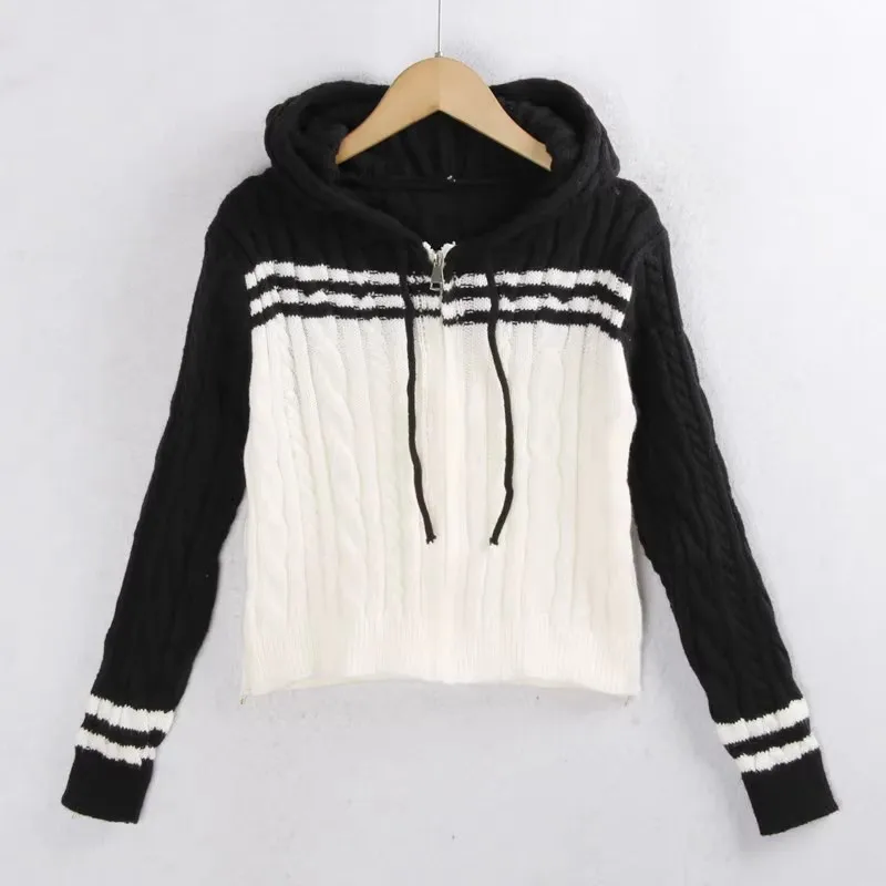 

Модный вязаный свитер на молнии 72, черный, белый, в полоску, облегающий крой, осенне-зимний теплый длинный кардиган с капюшоном све