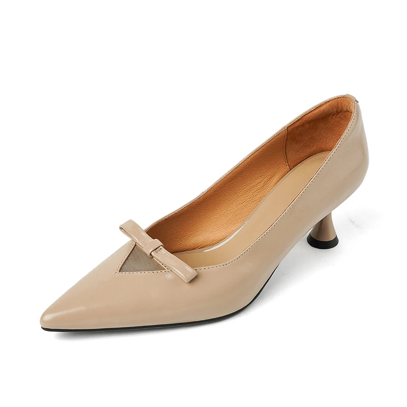 SmallHut 2026 New Spring Trend Genuine Leather High Heels Sexy Apricot Black Pointed Toe Thin Heels Pumps Ladies Bow Party Shoes